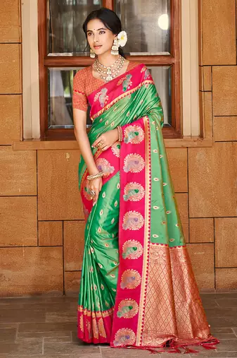 green color ethnic woven designer partywear saree