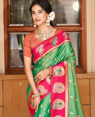 green ethnic woven partywear saree 2