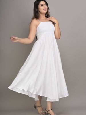 white solid fit and flare maxi dress with minimal look 2