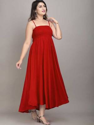 red solid fit and flare maxi dress for day and evening wear 1