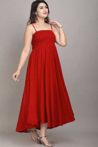 red solid fit and flare maxi dress for day and evening wear