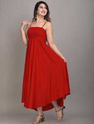 red solid fit and flare maxi dress for day and evening wear 2