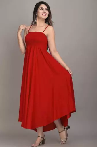 red solid fit and flare maxi dress for day and evening wear