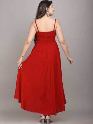 red solid fit and flare maxi dress for day and evening wear 3