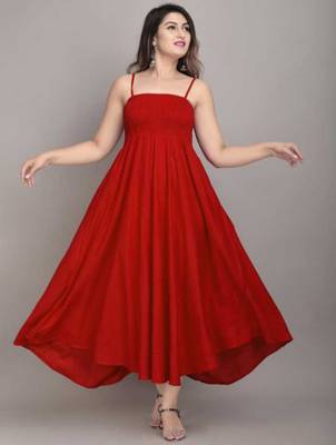 red solid fit and flare maxi dress for day and evening wear 4