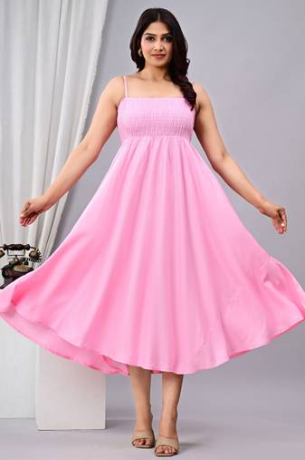 baby pink solid fit and flare maxi dress for casual styling