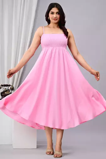 baby pink solid fit and flare maxi dress for casual styling