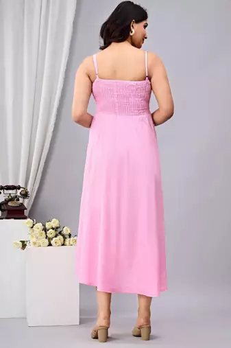 baby pink solid fit and flare maxi dress for casual styling