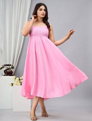 baby pink solid fit and flare maxi dress for casual styling 3