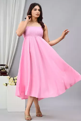 baby pink solid fit and flare maxi dress for casual styling
