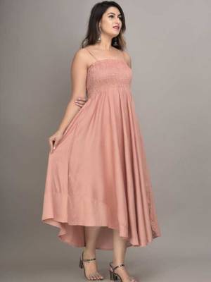 peach solid fit and flare maxi dress with flowing silhouette 1