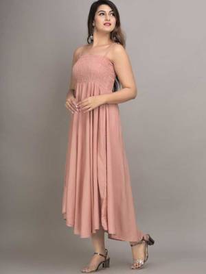peach solid fit and flare maxi dress with flowing silhouette 2