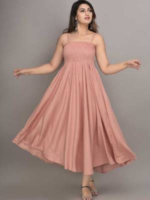 peach solid fit and flare maxi dress with flowing silhouette 4