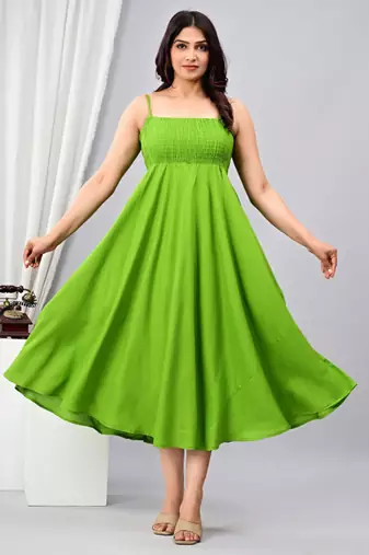 parrot green solid fit and flare maxi dress for casual wear
