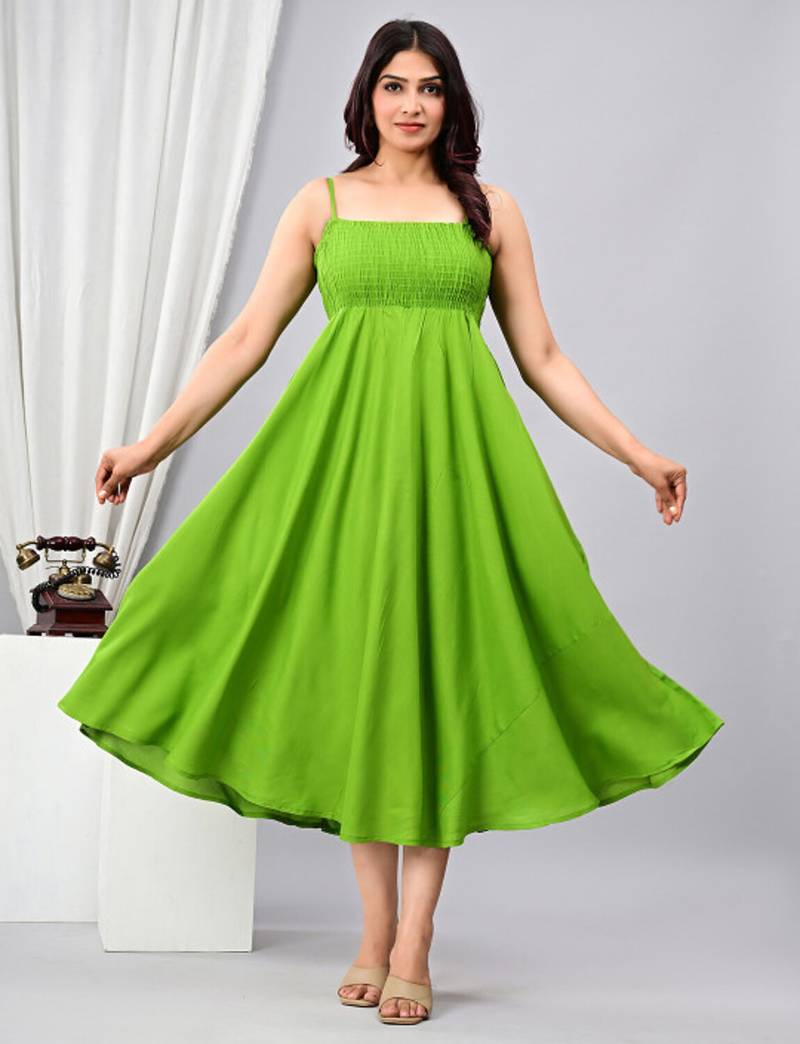 parrot green solid fit and flare maxi dress for casual wear