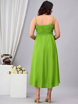 parrot green solid fit and flare maxi dress for casual wear 2