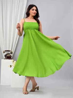 parrot green solid fit and flare maxi dress for casual wear 3