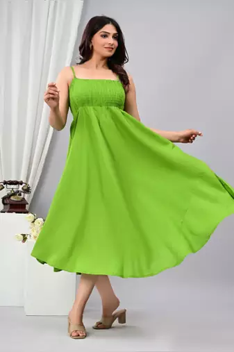 parrot green solid fit and flare maxi dress for casual wear