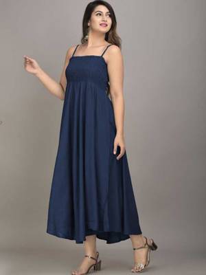 blue solid shoulder strap fit and flare maxi dress 1