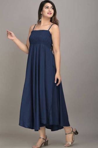 blue solid shoulder strap fit and flare maxi dress