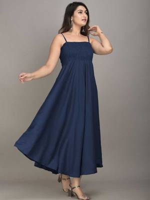 blue solid shoulder strap fit and flare maxi dress 2