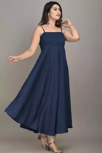 blue solid shoulder strap fit and flare maxi dress