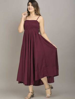 maroon solid fit and flare maxi dress for everyday wear 1