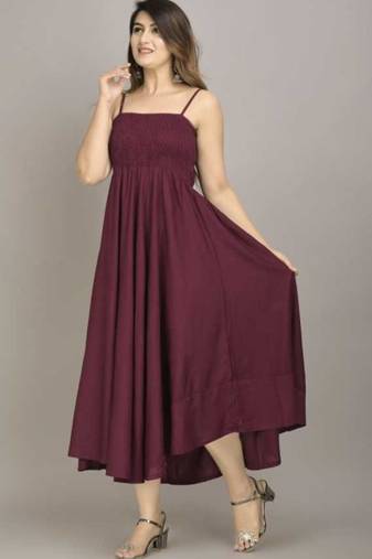 maroon solid fit and flare maxi dress for everyday wear