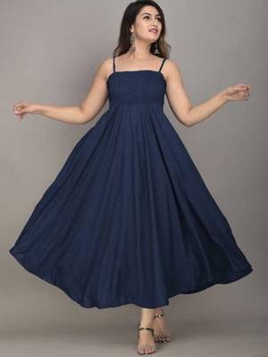 blue solid shoulder strap fit and flare maxi dress 3