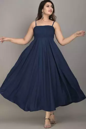 blue solid shoulder strap fit and flare maxi dress