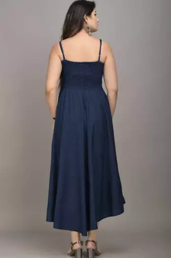 blue solid shoulder strap fit and flare maxi dress