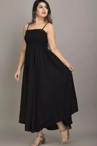 black solid fit and flare maxi dress with shoulder straps