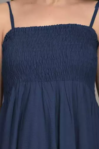 blue solid shoulder strap fit and flare maxi dress