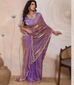 lavender metallic velvet satin saree with cutdana, beads & zari work in emerald teal