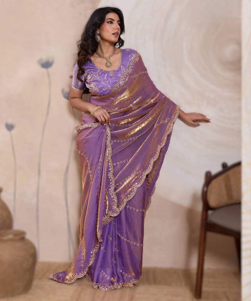 lavender metallic velvet satin saree with cutdana, beads & zari work in emerald teal