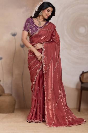 dark peach metallic velvet satin saree with cutdana, beads & zari work in emerald teal