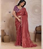 dark peach metallic velvet satin saree with cutdana, beads & zari work in emerald teal