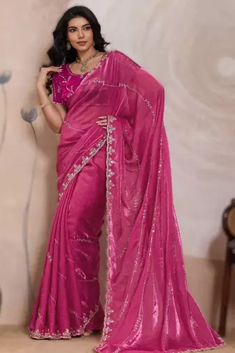 pink metallic velvet satin saree with cutdana, beads & zari work in emerald teal