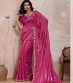 pink metallic velvet satin saree with cutdana, beads & zari work in emerald teal