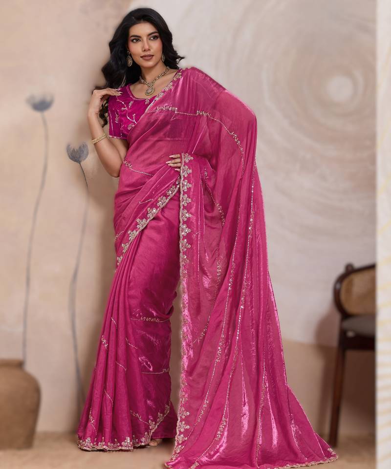 pink metallic velvet satin saree with cutdana, beads & zari work in emerald teal