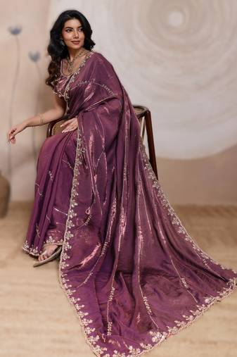 onion pink metallic velvet satin saree with cutdana, beads & zari work in emerald teal