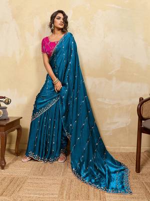 teal bule metallic velvet satin saree with cutdana beads & zari work in emerald teal 2