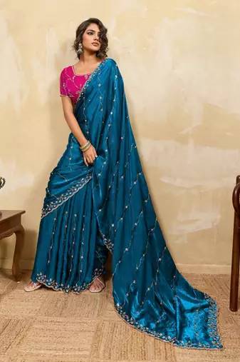 teal bule metallic velvet satin saree with cutdana beads & zari work in emerald teal