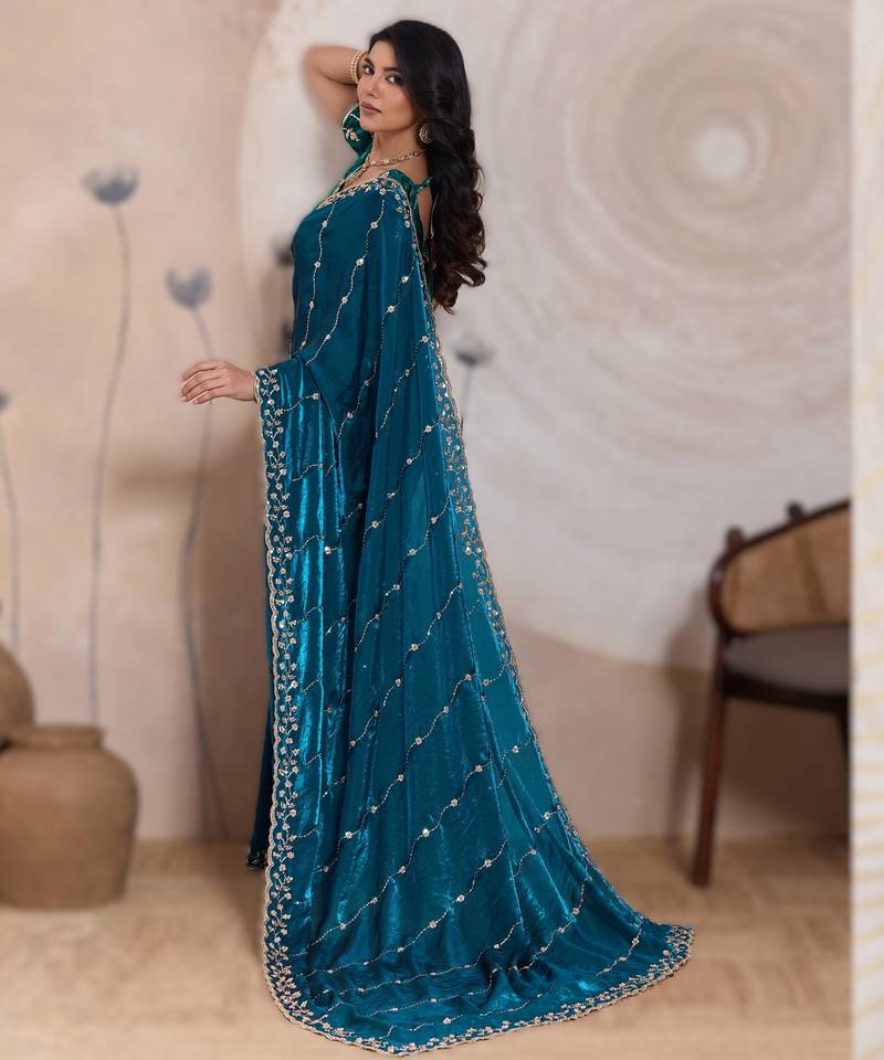 teal bule metallic velvet satin saree with cutdana, beads & zari work in emerald teal