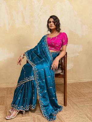 teal bule metallic velvet satin saree with cutdana beads & zari work in emerald teal 3