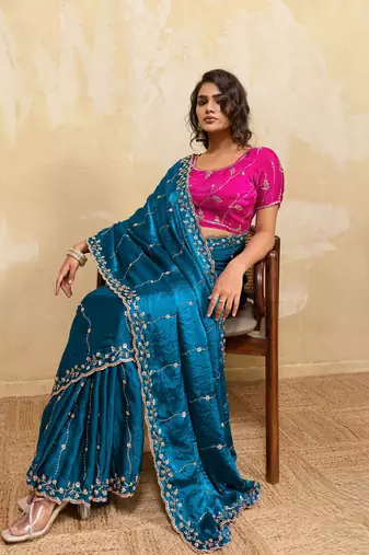 teal bule metallic velvet satin saree with cutdana beads & zari work in emerald teal