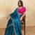 teal bule metallic velvet satin saree with cutdana, beads & zari work in emerald teal