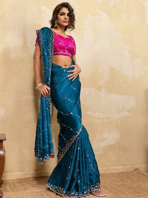 teal bule metallic velvet satin saree with cutdana beads & zari work in emerald teal 1