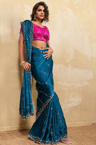 teal bule metallic velvet satin saree with cutdana, beads & zari work in emerald teal