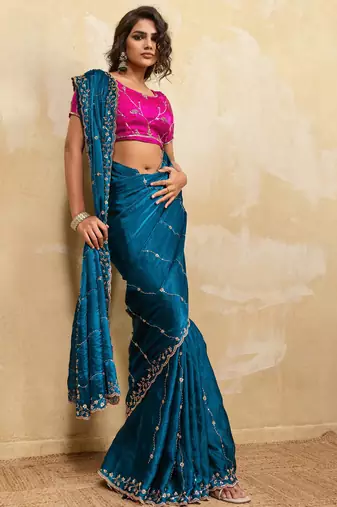 teal bule metallic velvet satin saree with cutdana, beads & zari work in emerald teal